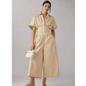 Exquise Anthropologie Danna Jumpsuit Camel Beige Stripe Small Timeless Tobie EUC